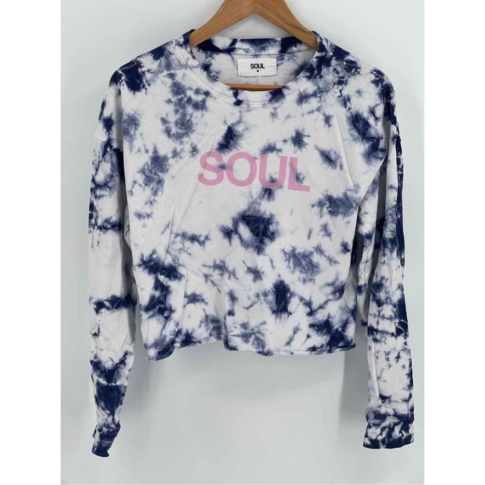 Soul Crop Top Long Sleeve Shirt Women's Size Medium Tie Die White Blue Crewneck